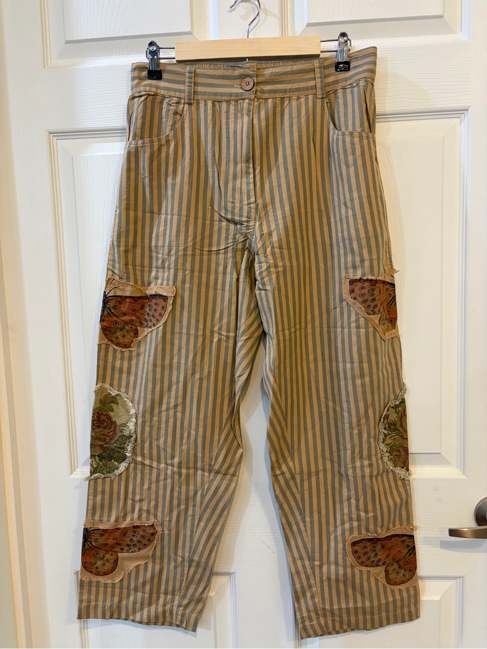 NWT A Rare Bird Wide-Leg Striped Patchwork ButterflyTrousers in Beige & Blue